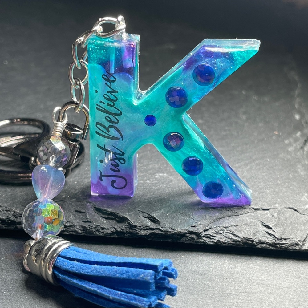 Custom Made Hand Crafted Letter K Keychain -Blue and Purple - Picture 2 of 8